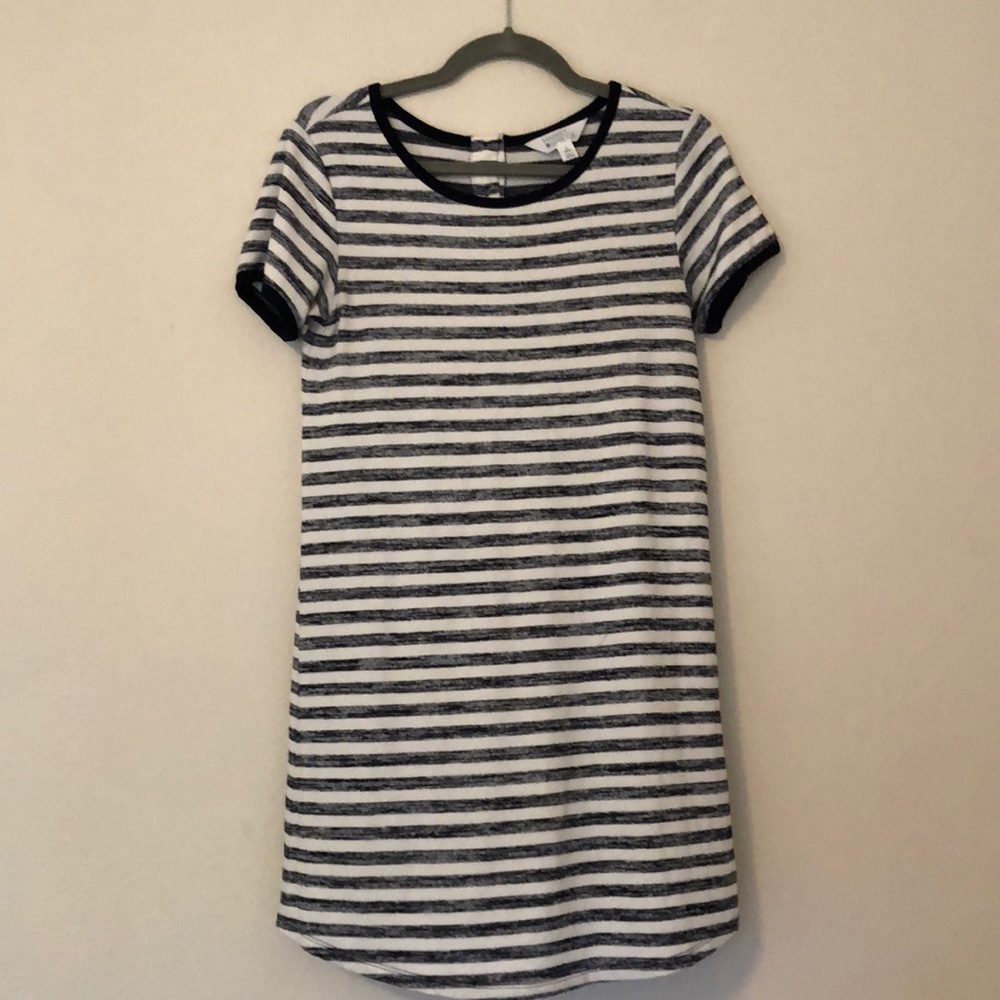 Navy and white striped shirt dress with back button detail